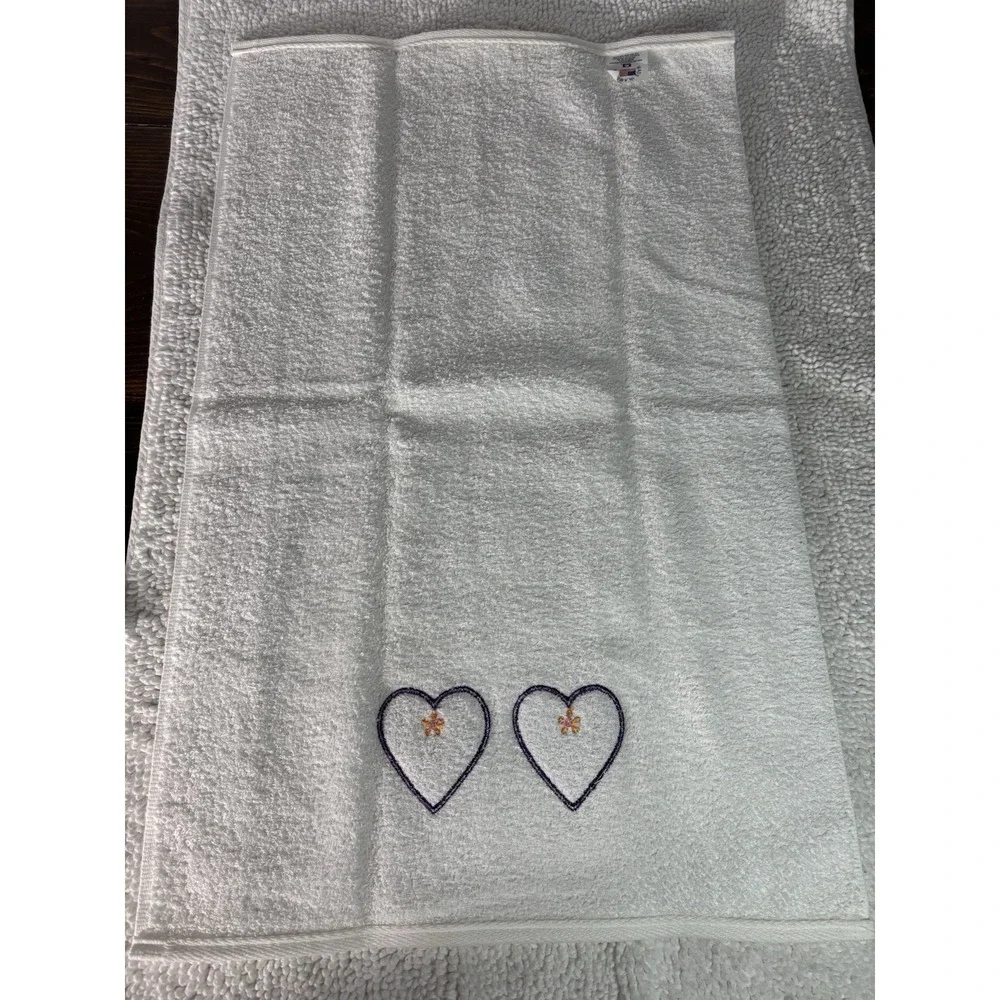 NEW 4-Piece White & Purple Heart Embroidered 100% Cotton Towel Set Made in USA